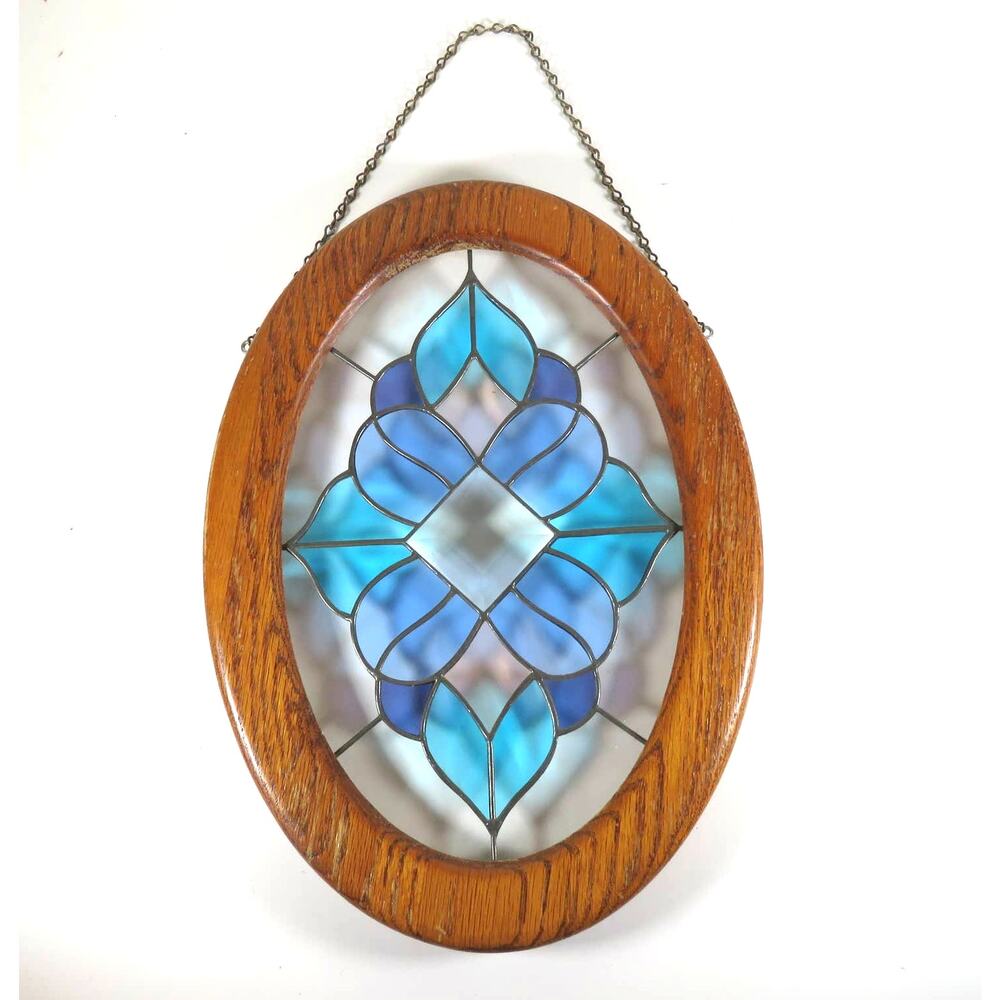 Stained Glass Window Wall Decor Geometric Design Blue Crystal Beveled  14"x10"